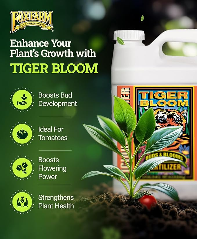 FoxFarm Tiger Bloom Liquid Fertilizer Concentrate - Fast Acting Formula for Vicious Growth with Phosphorus - Encourages Fruit, Flower & Bud Development, NPK 2-8-4 (2.5 Gallons)