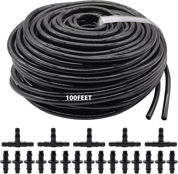 100FT 1/4" Blank Distribution Tubing Drip Irrigation Tubing Drip Irrigation Hose, Garden Watering Tube Line with 20PCS Drip Irrigation Barbed Connectors for Garden Irrigation System