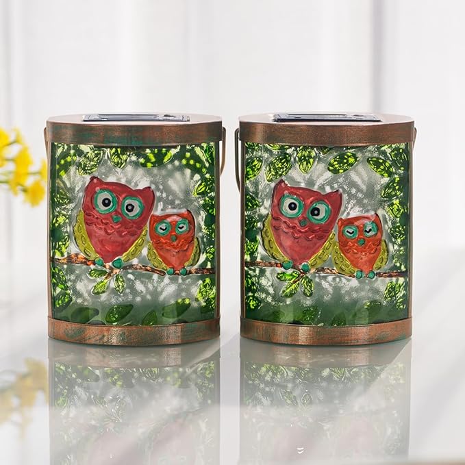 Starsoul 2 Pack Hanging Solar Lantern Outdoor Waterproof Owls Nestled on Branch Glass Decorative Solar Lights for Outside Garden Yard Table Patio Decor