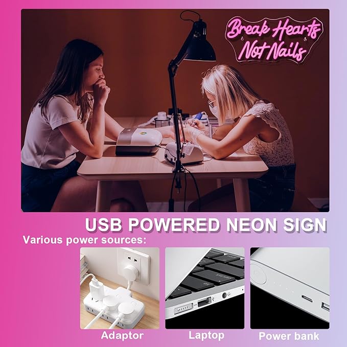 Break Heart Not Nails Neon Sign for Wall Decor,Neon Light Pink LED Neon Light for Bedroom Nails Salon Beauty Room Shop Decoration Gift