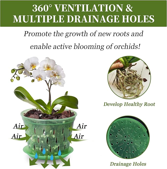 Orchid Pot with Holes and Saucers 5 Inch 6 Pack（Green Emerald）