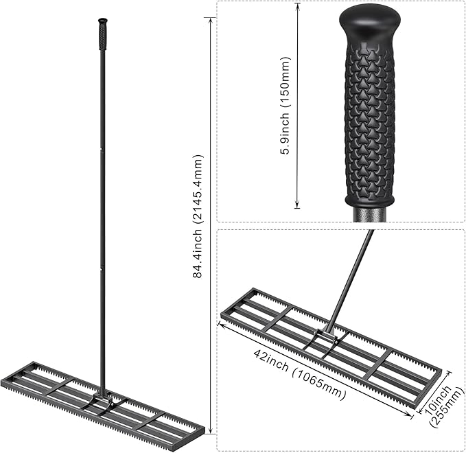 Lawn Leveling Rake with Rounded Edges, 42 x 10'' Leveling Rake with Tines for Soil, Heavy Duty Lawn Leveler with 7FT Handle, Ground Level Tool for Farm, Garden, Backyard