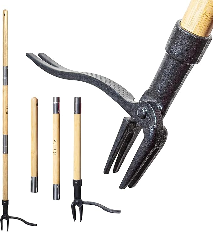 46 Inch Weed Puller Tool with Long Handle, Bamboo Grip & 4 Claw Steel Head, 3-Section Design for Easy Weed Removal Without Bending, Pulling or Kneeling, Durable Stand Up Gardening Tool