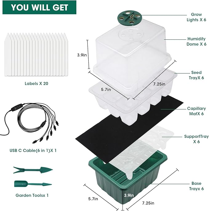6 Pack Self Watering Seed Starter Tray Kit with Grow Light and Humidity Dome 72 Cell Plant Seedling Tray Reusable Plastic Germination Trays for Indoor Gardening Seeds Growing Starting