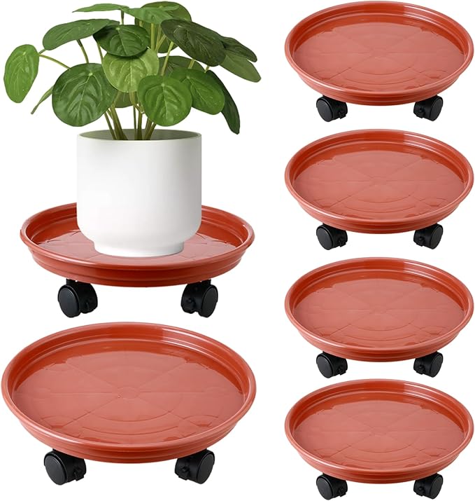 6 Packs Plastic Plant Caddy with Wheels 11.8" Plastic Rolling Plant Stands Heavy-Duty Plant Dolly with Casters Indoor and Outdoor Plant Roller Base Wheels, Rust Red