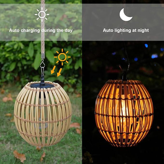 Hanging Solar Lantern Outdoor Waterproof, IP44 Boho Rattan Solar Hanging Light, Large Solar Lantern for Porch Yard Pathway Garden Decor(Bulb Included)