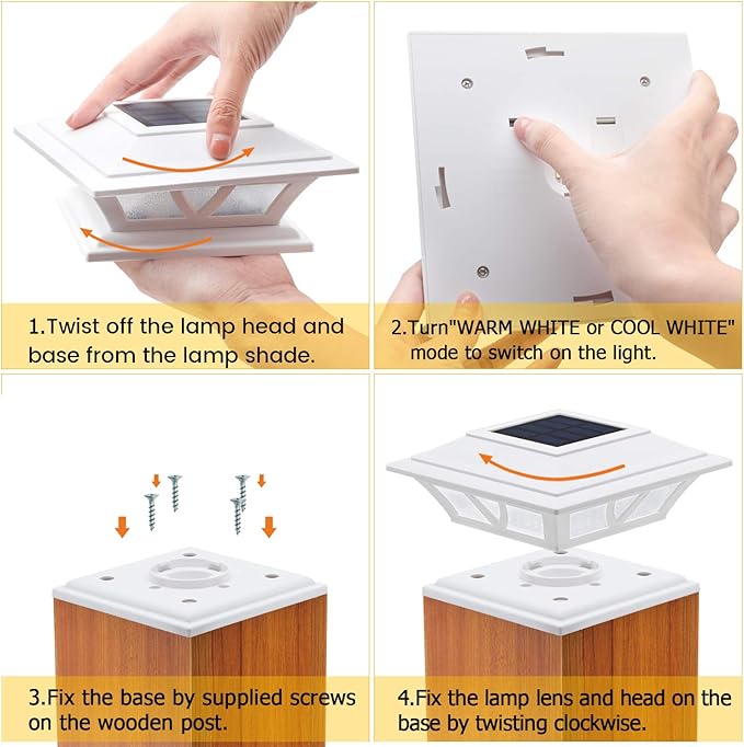 SIEDiNLAR Solar Post Lights Outdoor 2 Modes LED Fence Deck Cap Light for 4x4 5x5 6x6 Posts Garden Patio Decoration Warm White/Cool White Lighting White (2 Pack)