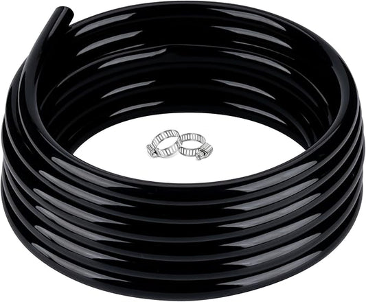 1" id - 25ft Black Vinyl Tubing Flexible PVC Tube Hybrid Hose Transfer Water Fuel Gas for Pond Fountain Garden Waterfall, Durable and Safe, with 2 Hose Clamps