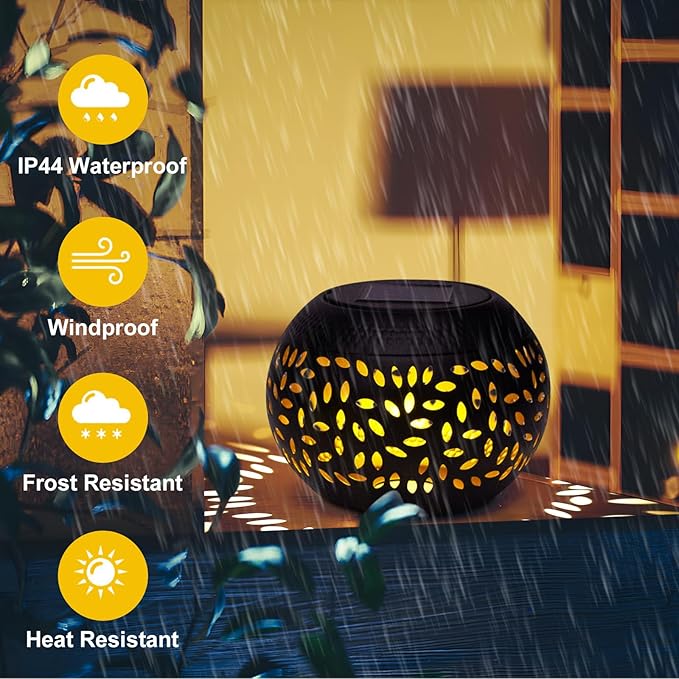 Solar Lantern Outdoor Table Light, 2 Pack Waterproof Decor, Hollow Out Retro Black Metal Patio Lights, Yard Porch Garden Balcony Indoor Desk Bedroom Tabletop Decorations