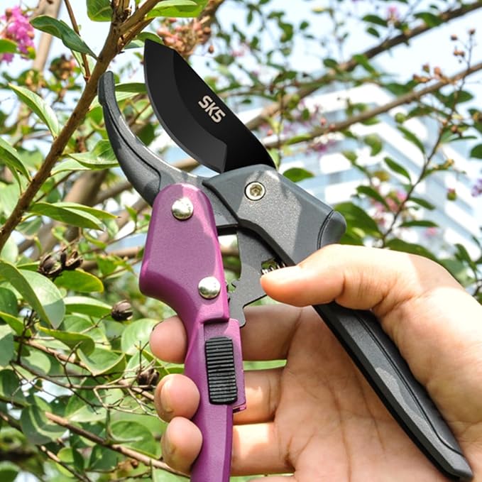 Premium 8 inch garden clippers, 3 Times Easy to Work, Arthritis Weak Hand Snips (Pulley lever -pruners- Purple)