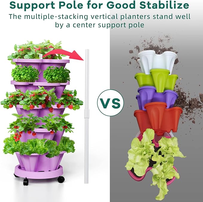 Strawberry Vertical Planter GardenTower, 5 Tiered Stackable Planter with Support Pole, Stacking Herb Vegetable Planters Indoor and Outdoor - Purple