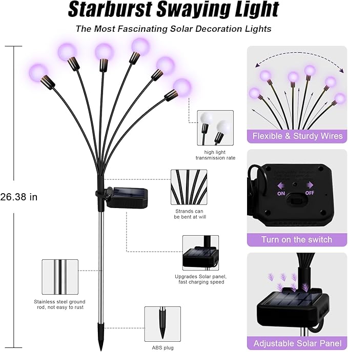 Solar Garden Lights Outdoor, Waterproof Solar Powered Lights for Yard Pathway Patio, Swaying Lawn Decor as Gardening Gifts for Women Holiday (Purple, 4 Pack 24 LED)