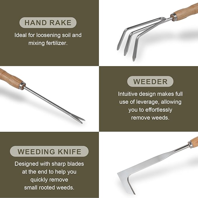 Gardening Tools Set of 9 Garden Hand Tools with Wooden Handles with Garden Bag for Tools Durable Hand Tools for Gardening,Weeding,Ideal Gifts for Women,Men,Parents and Grandparents