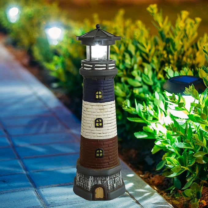 Solar Light Tower Lighthouse Night Light Solar Rotating Lighthouse Outdoor Lighthouse Ornaments Outdoor Solar Lantern Garden Decor Street Light Resin to Rotate