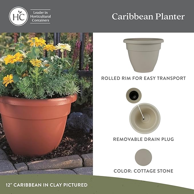 The HC Companies Caribbean Planter Pot - Outdoor & Indoor Plant Pot with Drainage Hole & Plug - Rolled Rim Plastic Pots for Plants & Flowers - Decorative Plant Pot (8" Cottage Stone, Pack of 4)