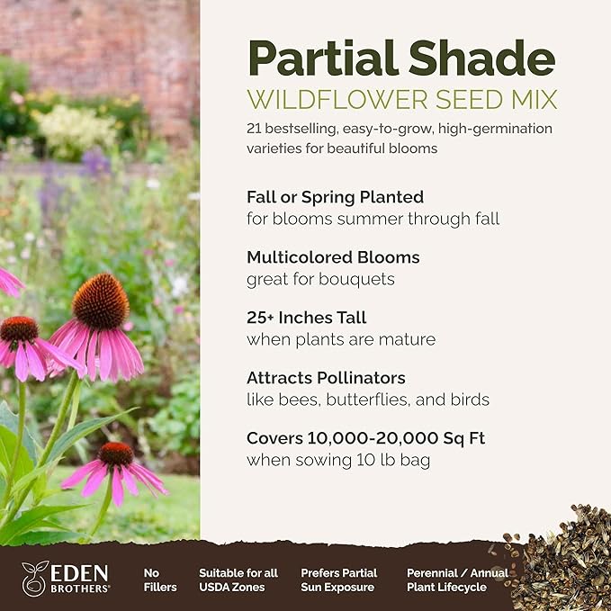 Eden Brothers Partial Shade Wildflower Mixed Seeds for Planting, 10 lb, 4,800,000+ Seeds with Sweet William, Foxglove | Attracts Pollinators, Plant in Spring or Fall, Zones 3, 4, 5, 6, 7, 8, 9, 10