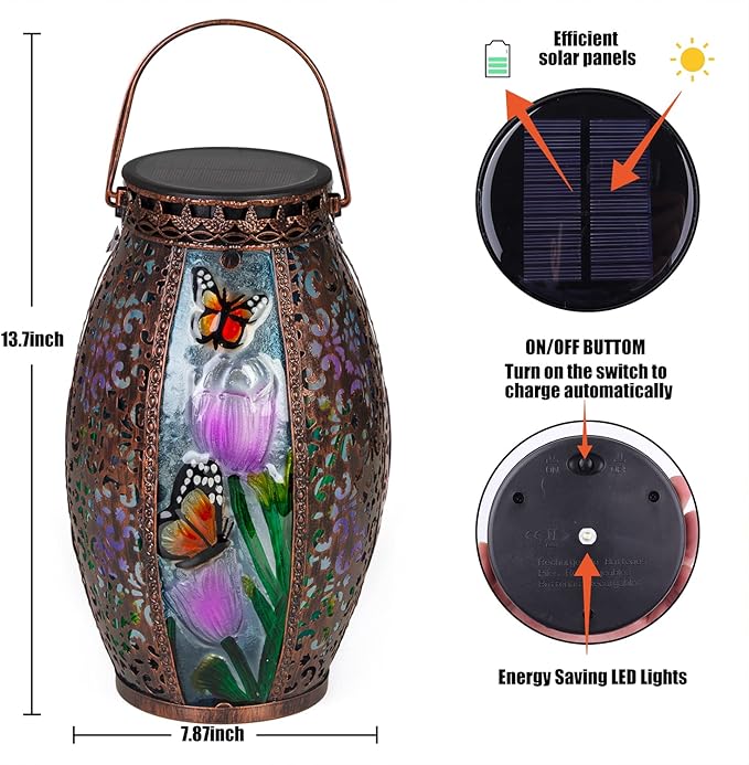 Outdoor Solar Lantern-Waterproof Butterfly Hanging Metal Decorative Lights for Patio Table Garden Pathway Yard with Super Bright Warm White LED, Large Solar Panels, Auto On/Off Light