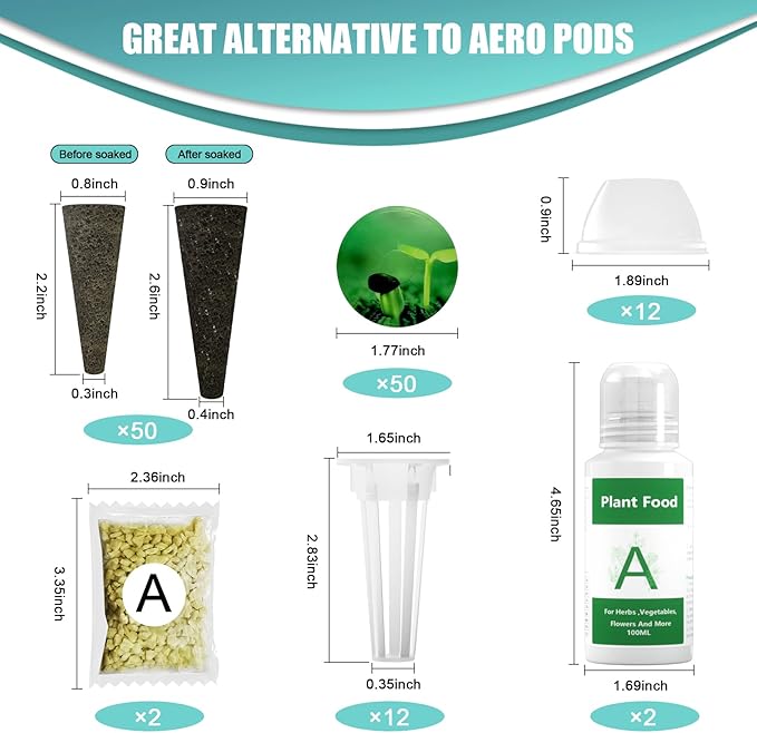 128 pcs Seed Pod Kit for Aerogarden, Grow Anything Kit for Indoor Hydroponics Growing System, Hydroponics Supplies with 50 Grow Sponges, a&b Nutrient Plant Food, 50 Pod Labels, 12 Plant Baskets Domes