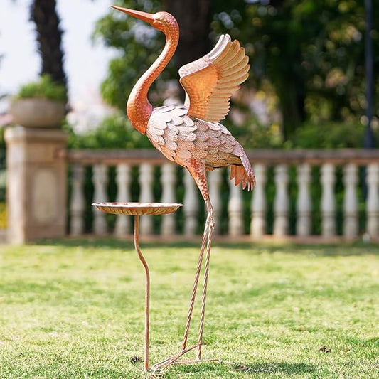 Crane Garden Statue with Birdbath, 40'' Heron Garden Statue, Crane Metal Yard Art for Outside, Backyard, Lawn, Porch Decor