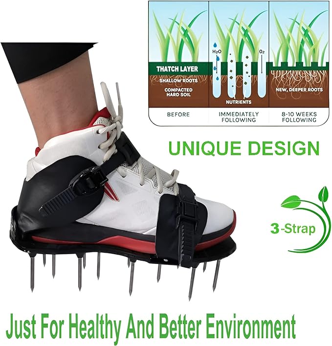 Lawn Aerator Shoes- with Upgraded Strap Design and Non-Slip Adjustable Snap-Soil Yard Aerator Tool for Aerating Patio Garden-Pre-Assembled Grass Aerator Shoes for Lawn