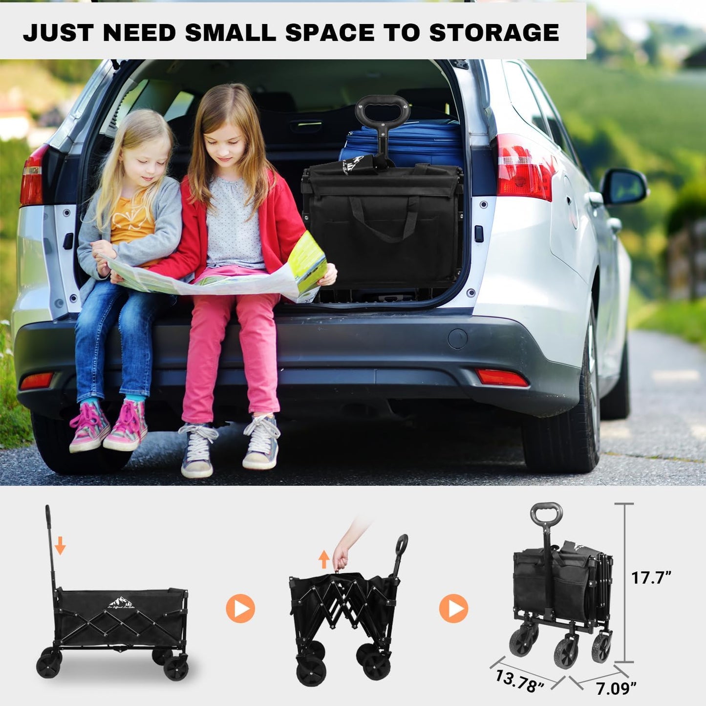 Collapsible Wagon 352LBS Capacity, Foldable Large Carts, Heavy Duty Outdoor Folding Cart with All-Terrain Wheels, Utility Garden Beach Wagon with Storage Bag Black