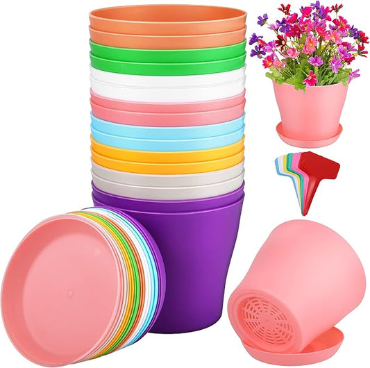 16 Pack 5.5 Inch Plastic Planters Assorted Flower Plant Pots Seedling Nursery Pots with Tray, Outdoor Indoor Plants for Seedling, Transplanting, Cutting, 8 Colors