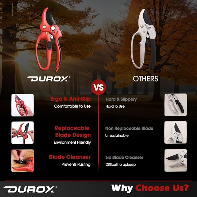 DURXO - Ratchet Pruning Shears, Garden Shears with 3x Cutting Power. Effort-Saving Heavy-Duty Anvil Pruners. Replaceable Blade Cutting Blade Design. Ideal Secateurs for Precise Trimming, Model DGR-01