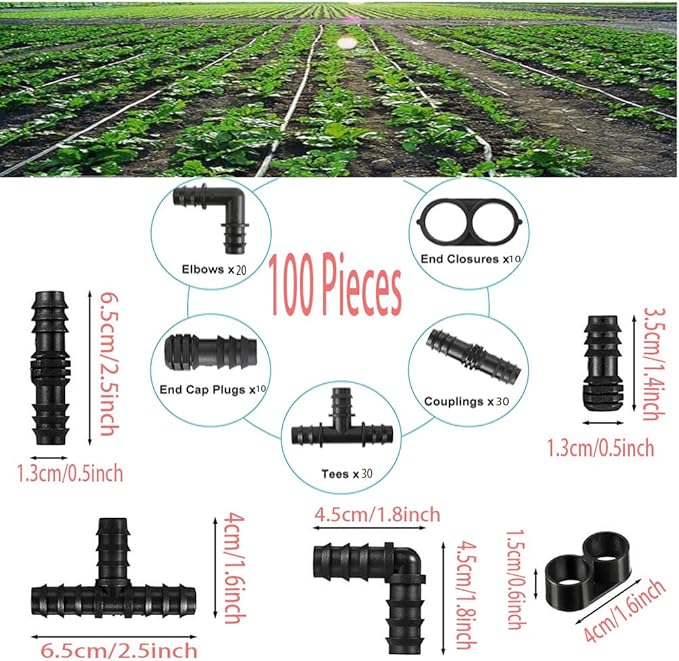 100Pcs Drip Irrigation Connectors Fittings Kit for 1/2 Inch Tubing, Including 30 Tees, 30 Couplings, 20 Elbows, 10 End Closures, 10 End Cap Plugs - Barbed Connectors Compatible Drip Sprinkler Systems