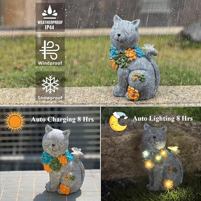 Garden Outdoor Decor Cat Statue with Solar Succulent Resin and 6 LEDs, Large Cats Sculpture with Butterfly Solar Lights for Patio, Balcony, Yard, Lawn Ornament