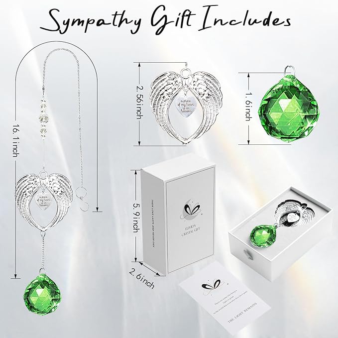 Sympathy Gift Modern Grief Gift for Lose of Loved Ones, Memorial Suncatcher with 40mm Crystal Ball, Sorry for Your Lose Rainbow Maker, Bereavement Gift Idea Angel Wings Design, Green
