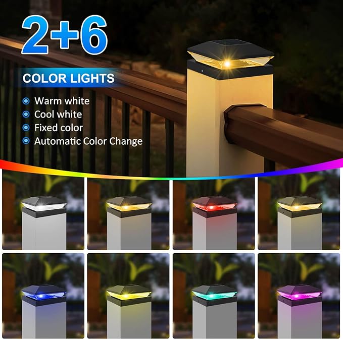T-SUN Solar Post Cap Lights with Auto-Change Colors- for Wooden (4x4/6x6) & Vinyl (4x4/5x5) Posts | Weatherproof Outdoor Solar Fence Post Lights for Deck, Porch, Garden & Stairs(6-Pack,RGB)