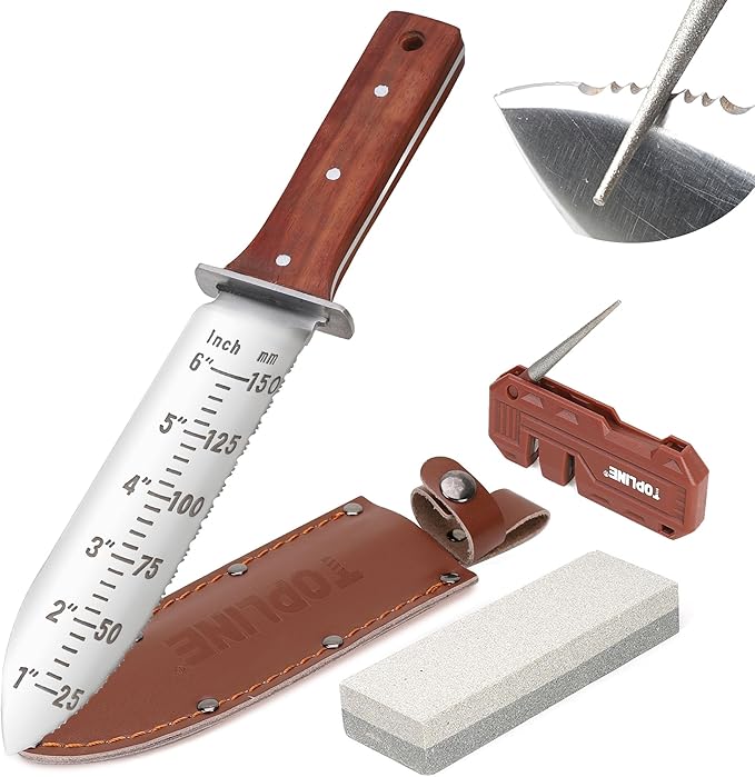 Topline Hori Hori Garden Knife, Double-edge Stainless Steel Blade, Garden Knife with Leather Sheath for Digging, Weeding, Planting, Hori Hori Knife with Sharpener, Sharpening Stone Included