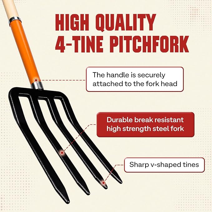 Idzo Garden Pitch Fork, 4-Tine Steel Digging Fork with 45-Inch Wooden Handle, Heavy Duty Spading Fork for Compost, Soil, Mulch, and Yard Work, Strong Y-Grip Design, Essential for Gardeners