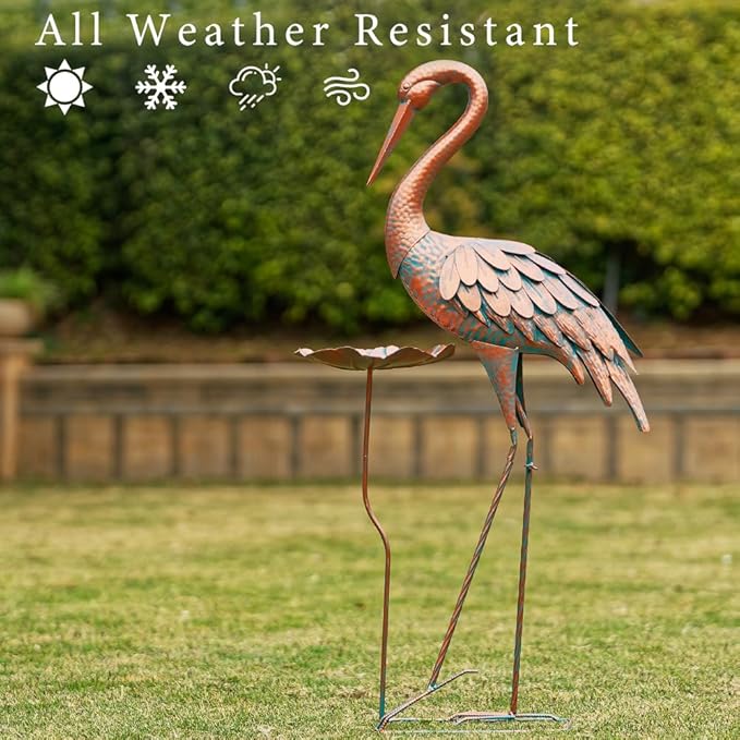 Crane Garden Statue, 42'' Heron Outdoor Statue with Birdbath, Large Crane Bird Metal Yard Art for Lawn Porch Backyard Patio Decor (Brown)