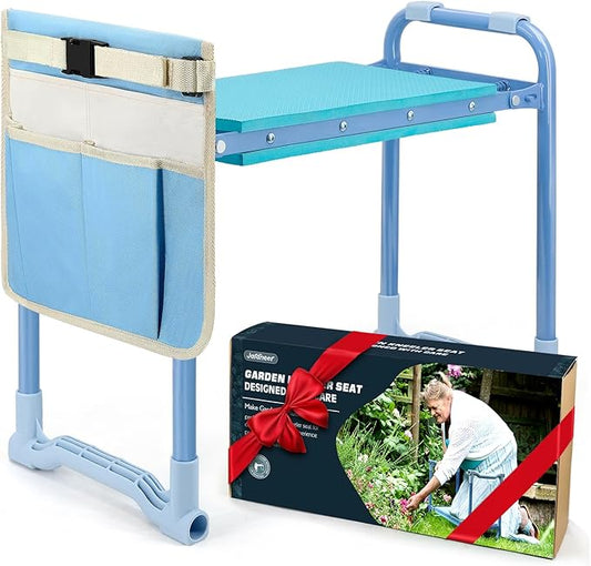 Jardineer Folding Garden Kneeler and Seat, 10 Inch Wider Kneeling Bench Stool, Portable Gardening Workseats with Tool Bag and Padded Cushion, Garden Gift for Women Seniors(Blue)