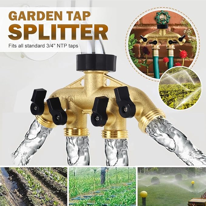 4 Way Brass Garden Hose Splitter Heavy Duty Garden Tap Hose Adapter Nozzle Switcher Connector with 4 Shut-Off Valves for Garden Irrigation Watering (American Thread 3/4)