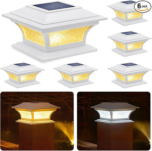 SIEDiNLAR Solar Post Cap Lights Outdoor Glass LED Fence Deck Light 2 Modes for 4x4 5x5 6x6 Vinyl Wooden Posts Patio Garden Decoration Warm White/Cool White Lighting White (6 Pack)