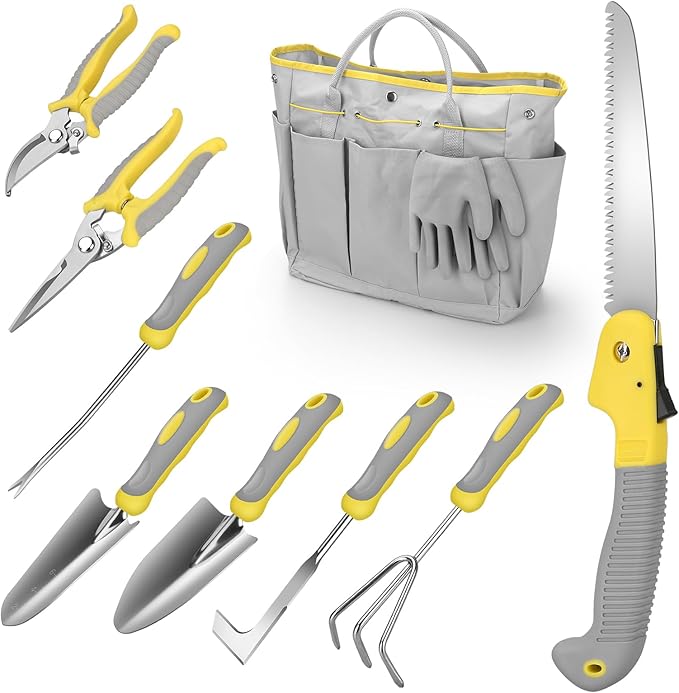 Blumway Garden Tool Sets, 10 Piece Heavy Duty Gardening Tool Set, Stainless Steel Gardening Hand Tools with Garden Tool Bag, Garden Tool Kit for Gardening Supplies,Ideal Gardening Gifts for Women Men