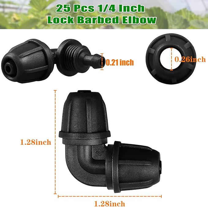 JAYEE Drip Irrigation Fittings 1/4 Inch, 25 Pcs Barbed Locked Elbows for 1/4 In Tubing, Drip Line Parts Irrigation Connectors with Lock Nut for Drip Sprinkler Garden Lawn Watering Systems, Black