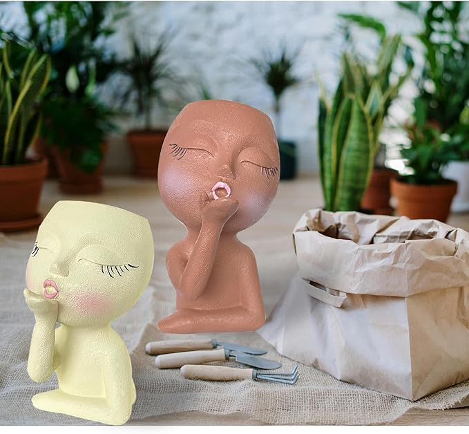 Head Face Planters, Kissing Girl Flowerpot, Lady Head Flower Pot, Female Kiss Faces Small Resin Art Succulent Pots for Indoor Outdoor Plants, Beige
