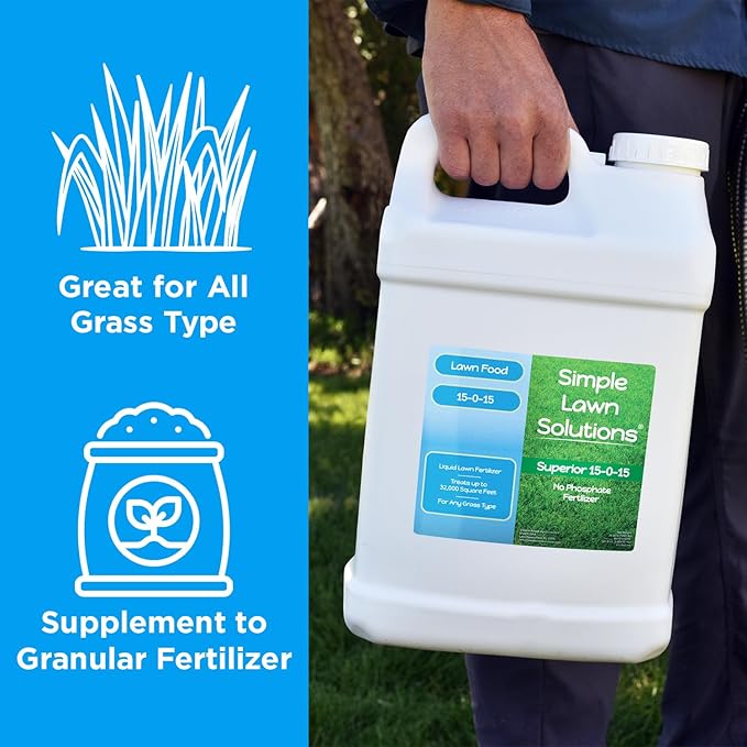 Superior 15-0-15 Liquid Lawn Fertilizer - Lawn Food for Growth & Green - Nitrogen, Potassium, Humic, Fish & Seaweed - Any Grass Type- Simple Lawn Solutions - All Season- Concentrate (2.5 Gallons)