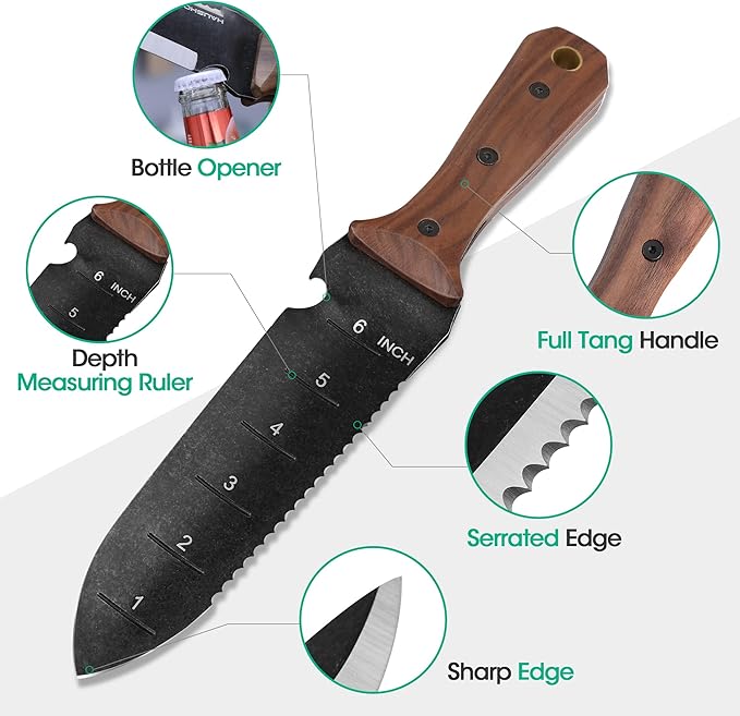 HAUSHOF Hori Hori Garden Knife, 7" Stainless Steel Black Stonewash Blade with Cutting Edge, Full-Tang Gardening Knife with Walnut Handle, Oxford Sheath, for Digging, Weeding, Planting