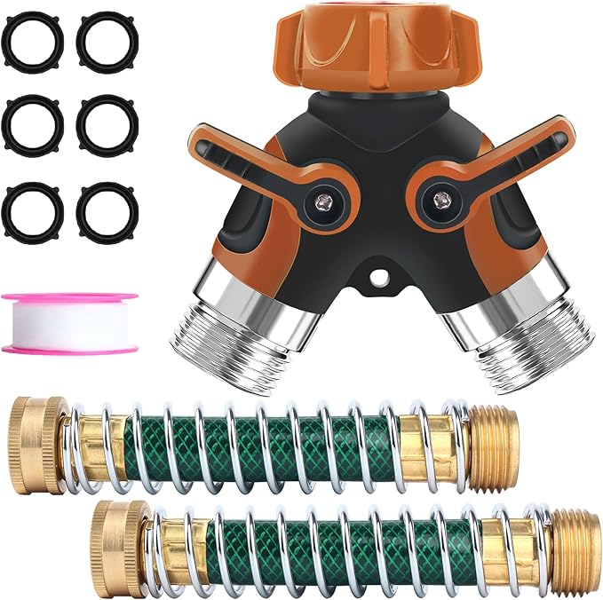 Hose Splitter, Garden Hose Splitter 2 Way Heavy Duty,3/4" Spigot Adapter Connector with 2 Kink Free Faucet Extension Hose Protector 6 Rubber Washers and PTEP Tape for Drip Irrigation, Lawns