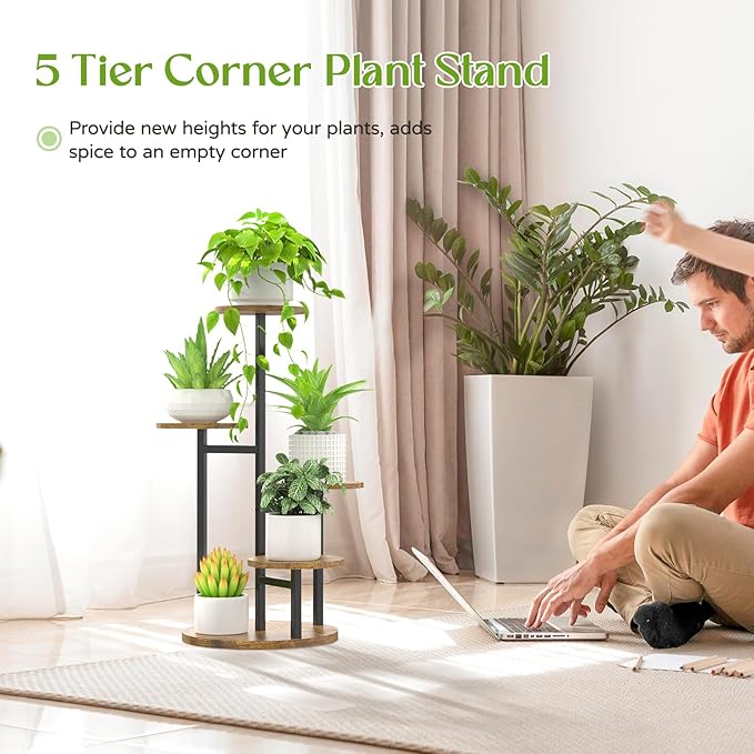 5 Tier Plant Stands Indoor Outdoor, Tiered Metal Wood Corner Plant Shelf for Multiple Plants, Tall Flower Stand Holder Display Rack for Living Room Balcony Garden Patio (Round)