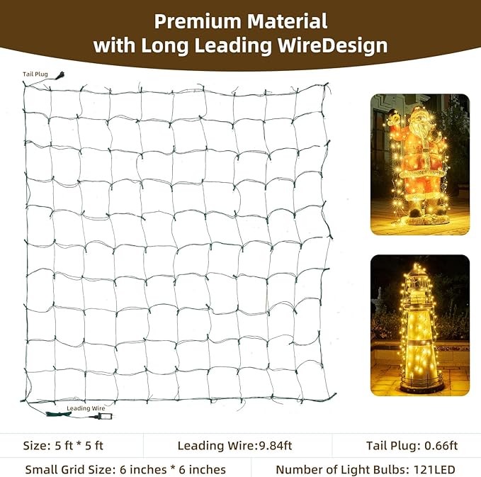 Led Net Lights Christmas Lights Outdoor Christmas Net Lighting with 121Led Mini Globe Lights 5ftx5ft, Outdoor Indoor Fairy Mesh Net Lights for Christmas Trees, Bushes, Shrubs Decorations(WarmWhite)