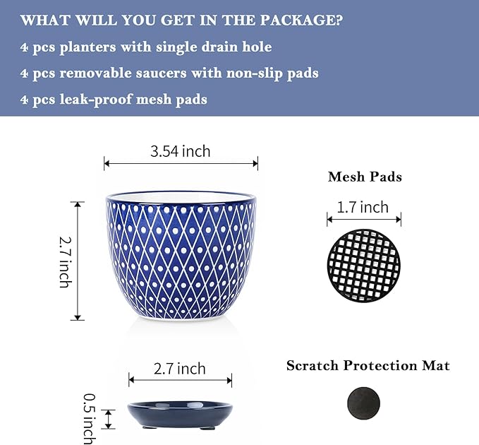 Selamica Ceramic Succulent Pots with Drainage Holes, Small Flower Pots 3.5 Inch Plant Pots for Indoor Plants with Saucers, Cactus Succulent, Home Decor, Set of 4, Vintage Blue