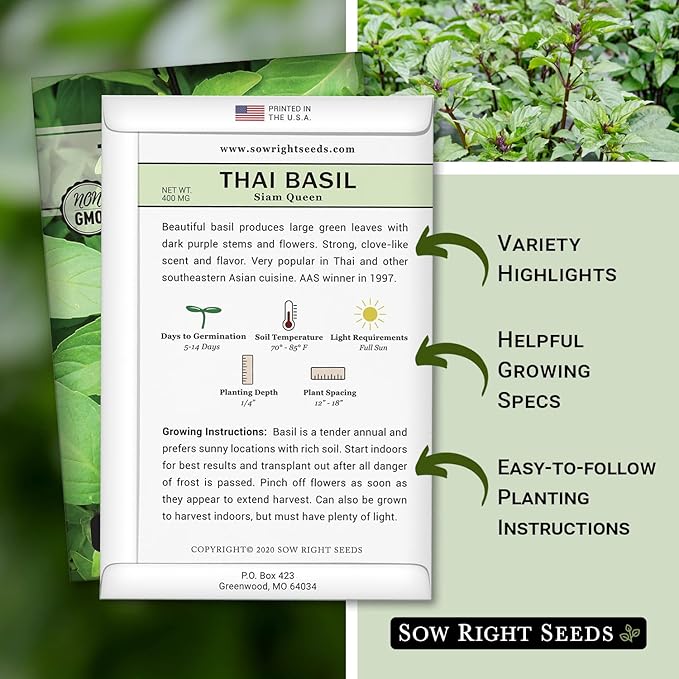 Sow Right Seeds - Sweet Large Leaf Thai Basil Seed for Planting - Non-GMO Heirloom Packet with Instructions to Plant a Kitchen Herb Garden - Indoors or Outdoor - Great for Hydroponic Growing (2)
