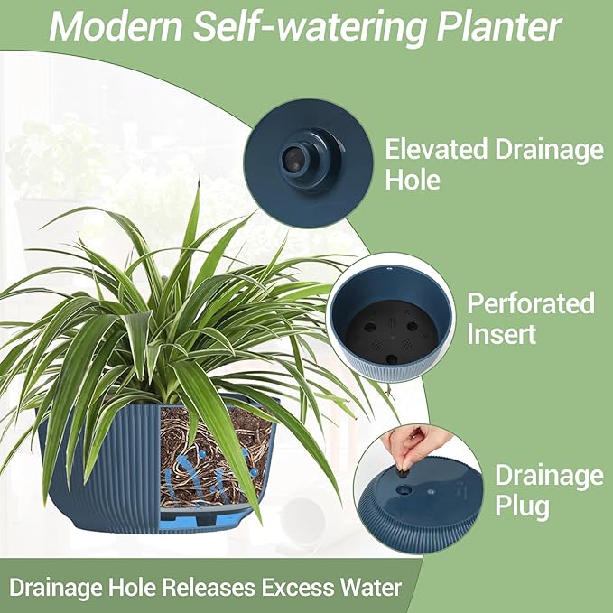 T4U 12 Inch Large Hanging Planters for Outdoor Plants, 2 Pack Self Watering Hanging Pots Indoor, Hanging Baskets for Plants,Hanging Flower Pot with Drainage Hole and Plant Hanger, Blue