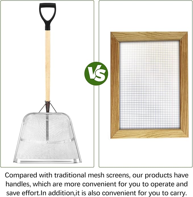 Leaking Soil Shovel Filter Stainless Steel Sieve 2mm Mesh Sifting Shovel with D Grip Wood Handle for Gardening Farm Chicken Coop and Goat Stall