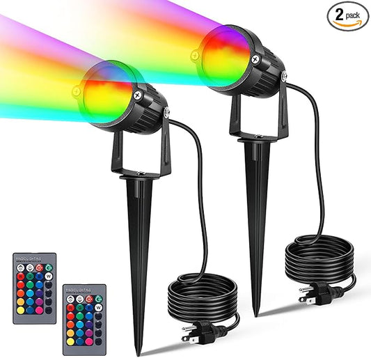 LemonBest Landscape Lighting - 6W RGB Color Changing Halloween Landscape Lights 120V Christmas Outdoor LED Spotlight with Remote Control Waterproof Spot Lights for Yard Garden Patio Driveway (2 Pack)